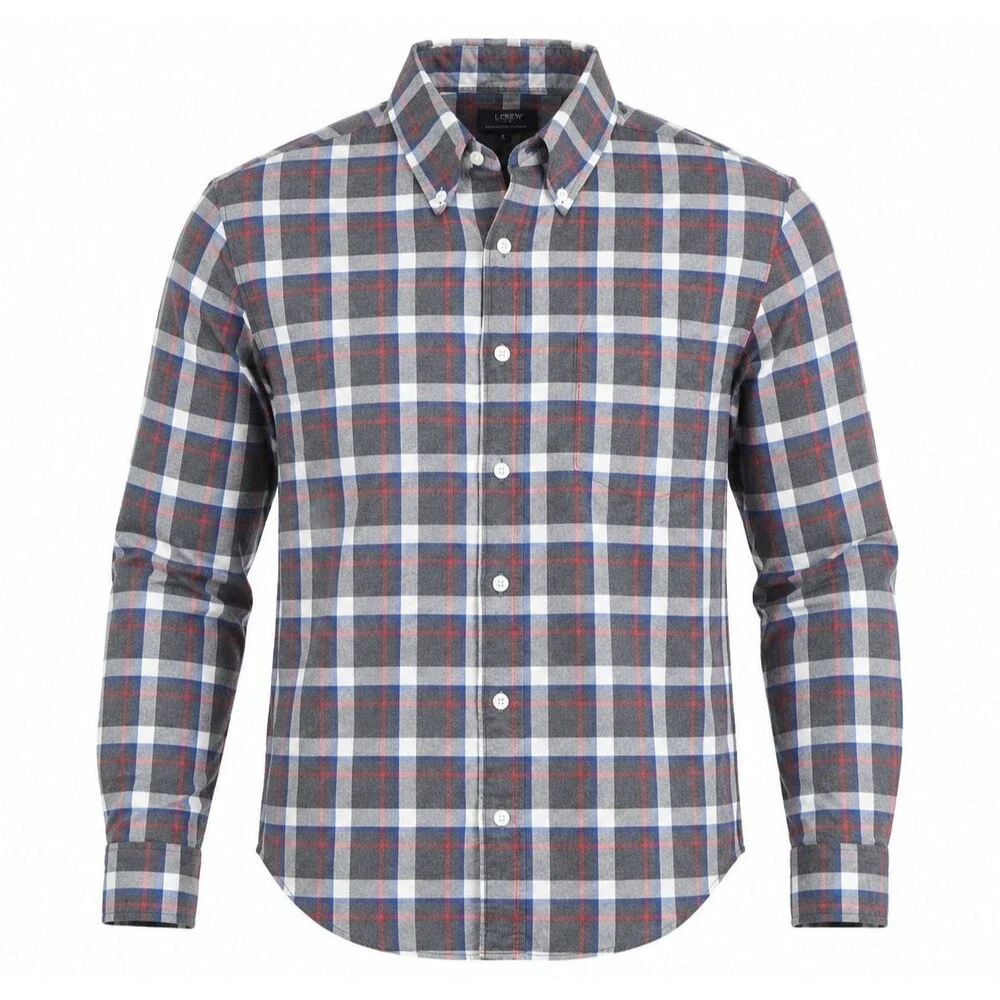 J.Crew Heathered Cotton Men’s Small Plaid Button-Down Shirt Gray Blue Red